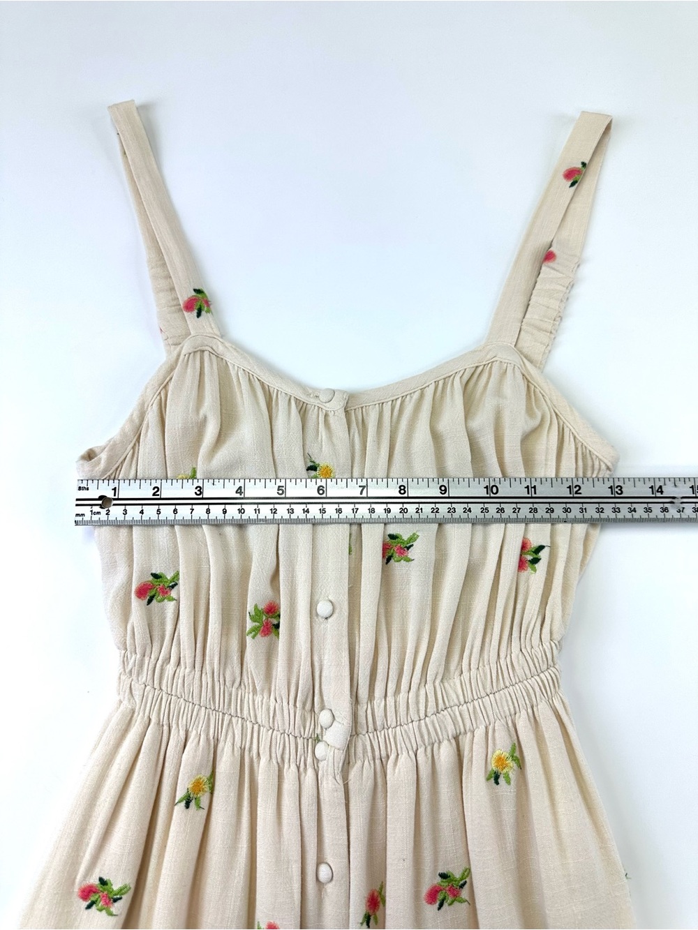 Cream Floral Midi Sundress Button Front Black Tape Dex Small Summer embroidered - Picture 4 of 10
